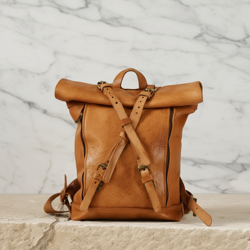 Orivani Roma Roll-Top Leather Backpack