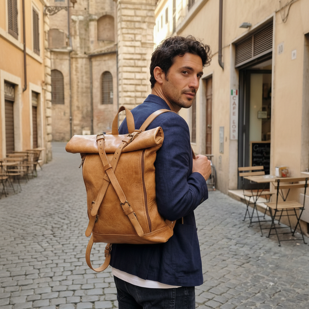 Orivani Roma Roll-Top Leather Backpack