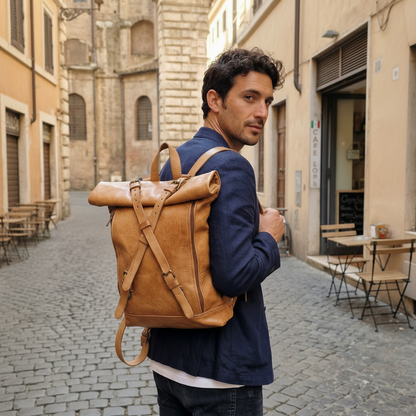 Orivani Roma Roll-Top Leather Backpack